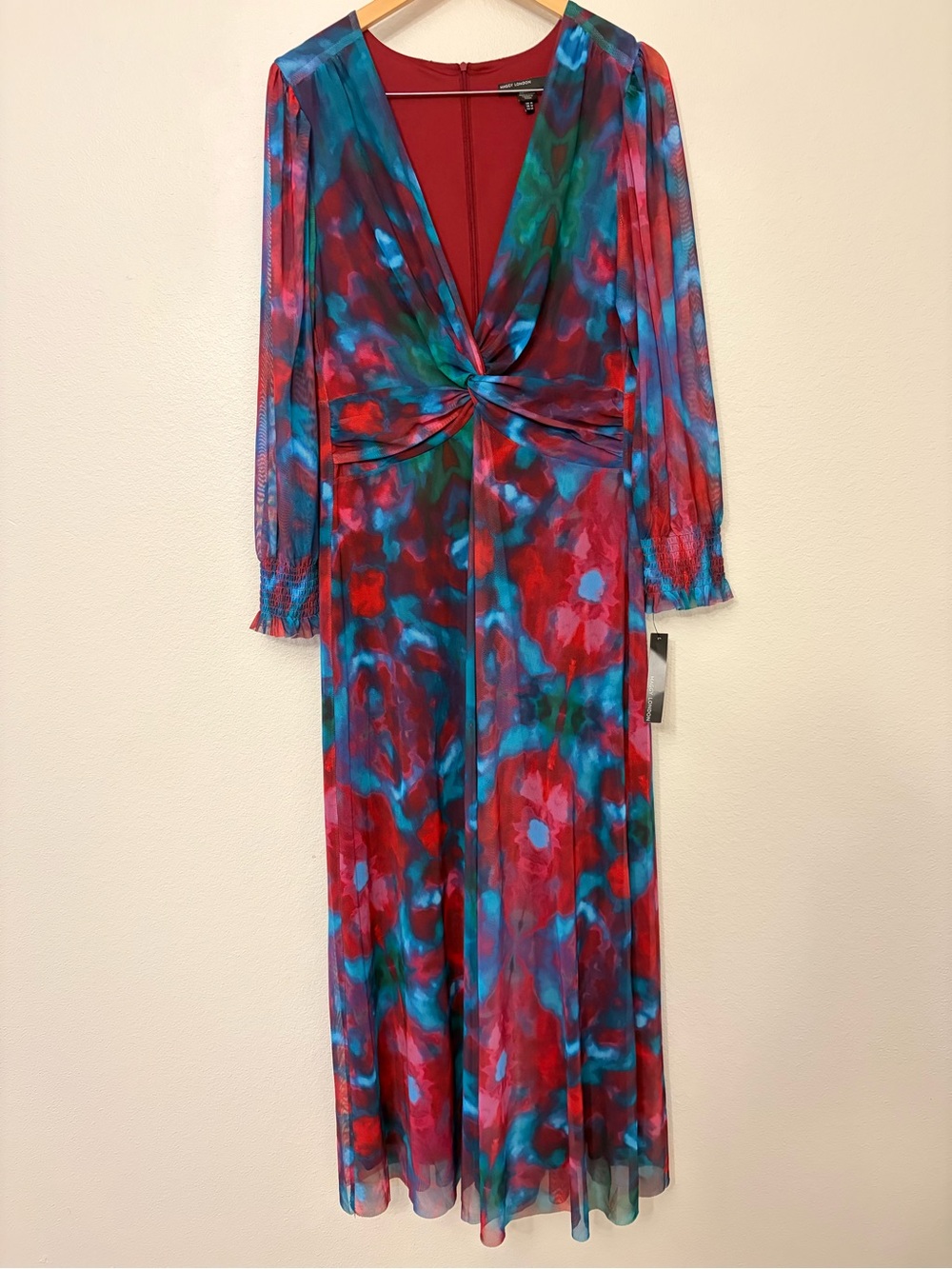 NWT Maggy London Eliana Twist Front Mesh Maxi Dress Pink Berry Watercolor 14